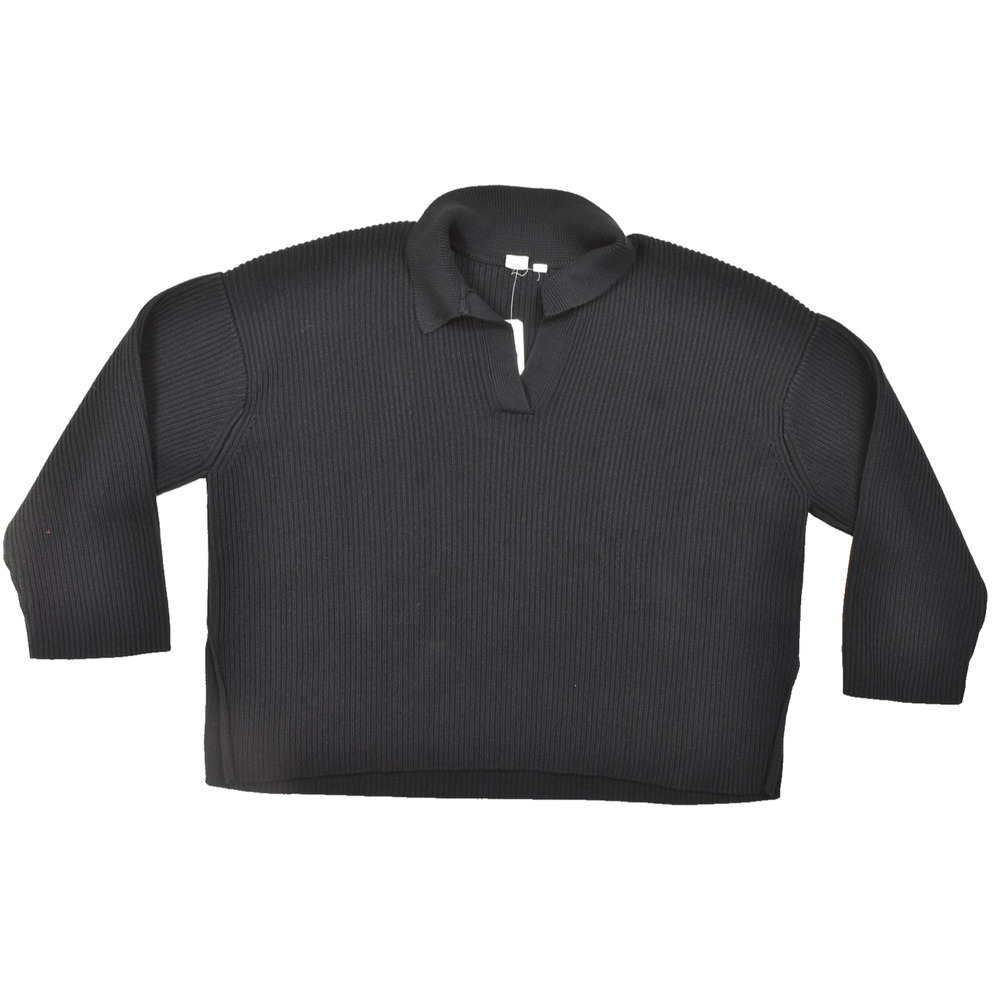 Gap Women XXL Black Ribbed Knit Cotton V-Neck Polo Collar Pullover Sweater New